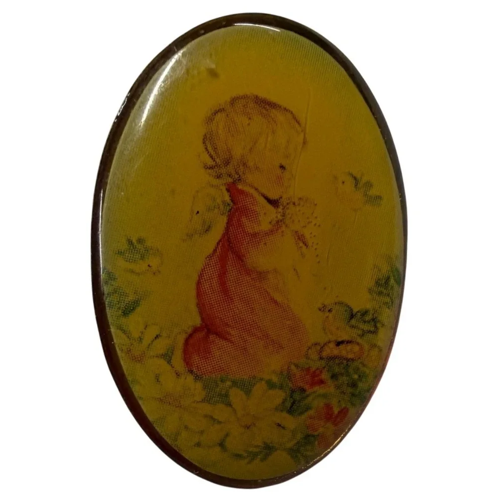 Vintage Oval Angel Brooch Kneeling Child in Red Gown Yellow Floral Pin